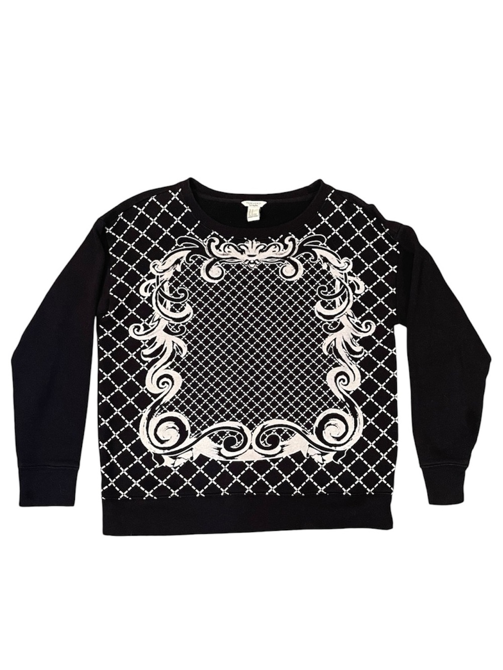 F21 Black Sweatshirt with White Baroque Print Sz M